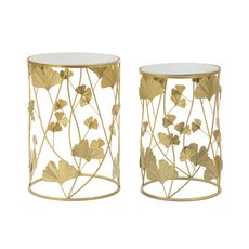 Estila Dizajnová glamour sada príručných okrúhlych stolíkov Natura Elegante so zrkadlovou doskou a zlatou florálnou konštrukciou 55 cm