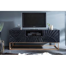 Estila Moderný masívny TV stolík Cumbria v čiernej farbe so zlatými nohami 160cm
