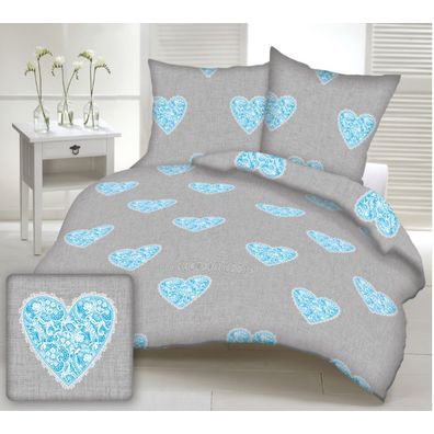 Obliečky bavlnené Love modré TiaHome - 1x Vankúš 90x70cm, 1x Paplón 140x200cm