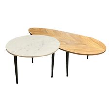 Estila Moderný set konferenčných stolíkov Saver z mramoru a akáciového dreva v bielej a hnedej farbe s čiernymi nožičkami 110 cm