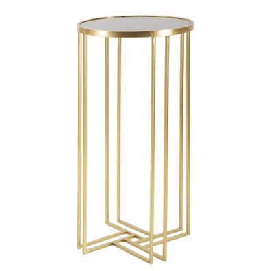 Estila Art deco okrúhly zlatý kovový príručný stolík Starsy s nohou z tyčí s geometrickým detailom a vrchnou sklenenou doskou 80 cm