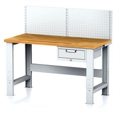 Nastaviteľný dielenský stôl MECHANIC I, závesný box na náradie, nadstavba, 1 zásuvka, 1500x685x700-1055 mm, sivé