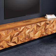 Estila Dizajnový retro nástenný TV stolík Camille III z masívneho akáciového dreva s tromi dvierkami s diamantovými 3D tvarmi 160cm