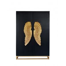 Estila Art deco mangová barová skrinka Angela v čiernom prevedení so zlatými kovovými nožičkami a mohutnými krídlami 140cm