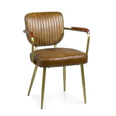 Estila Retro hnedá jedálenská stolička Denver s koženým poťahom s vertikálnym prešívaním s opierkami so zlatými nožičkami 97 cm