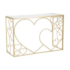 Estila Dizajnový glamour zlatý konzolový stolík Amorattia s kovovou podstavou s ornamentami v tvare srdca a zrkadlovou doskou 120 cm