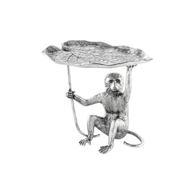 Estila Štýlový art deco strieborný príručný stolík Monkey z kovu so zvieracími motívmi v podobe listu a opice 55 cm