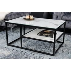 Estila Industriálny obdĺžnikový konferenčný stolík Industria Marbleux s mramorovým vzhľadom a kovovou konštrukciou moderná biela 90cm