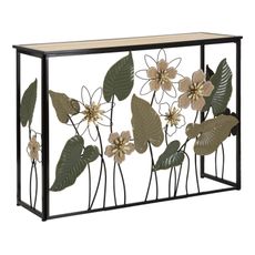Estila Glamour obdĺžnikový kovový konzolový stolík Florel s drevenou doskou a florálnym motívom v zlatej a zelenej farbe 108 cm