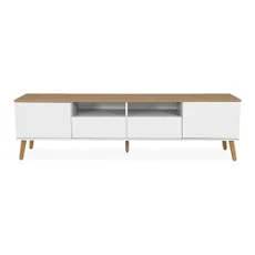 Biely TV stolík s detailmi v dekore dubového dreva Tenzo Dot, šírka 192 cm